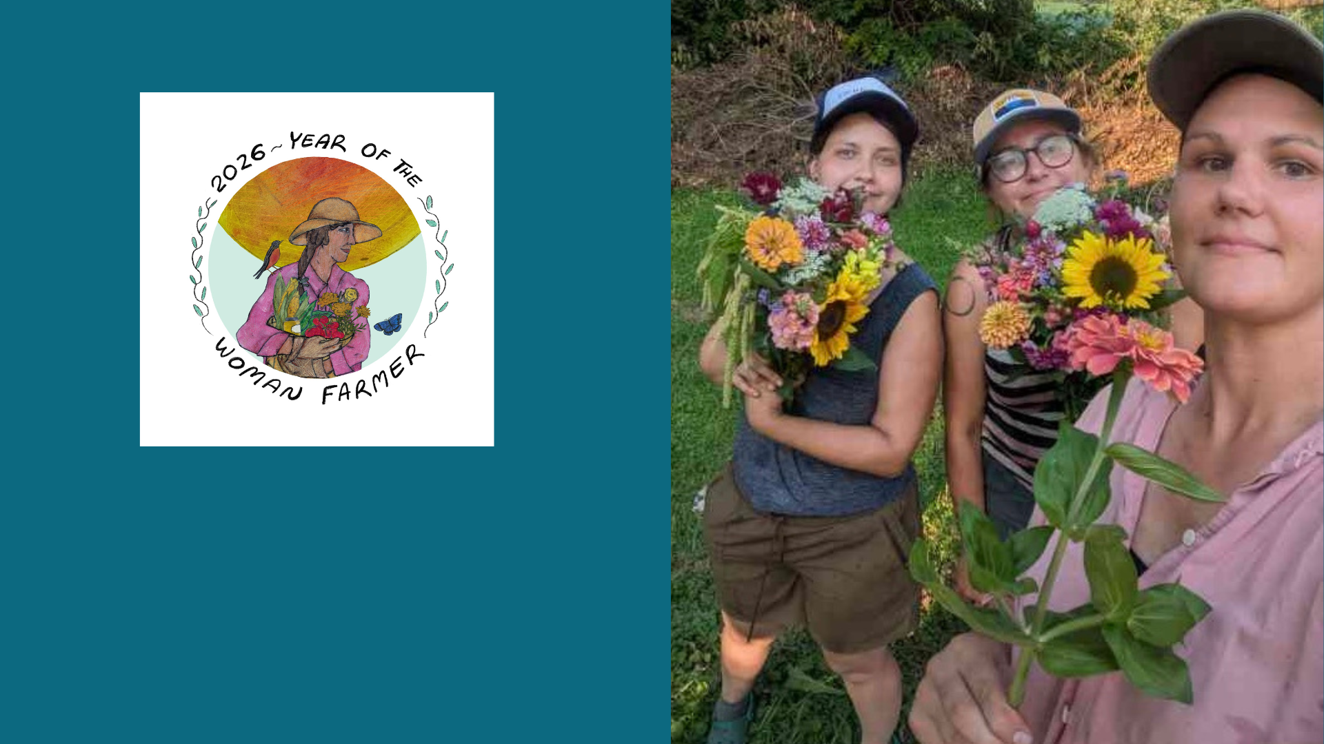 Three women farmers holding bouquets of flowers